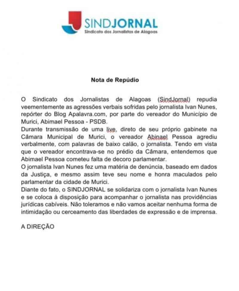 Sindicato dos jornalistas emite nota de repúdio contra vereador de Murici que gravou vídeo ameaçando categoria; blog publica nota